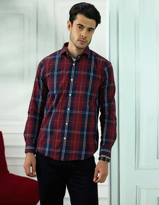 Brick Red Grid Cotton Check Shirt